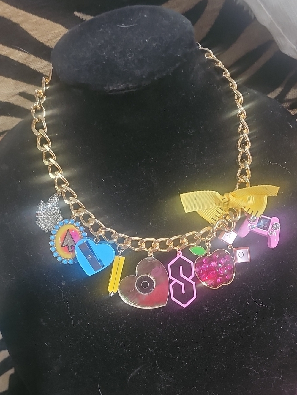 Betsey Johnson Gold Chain Charm Necklace with Multicolor Charms
